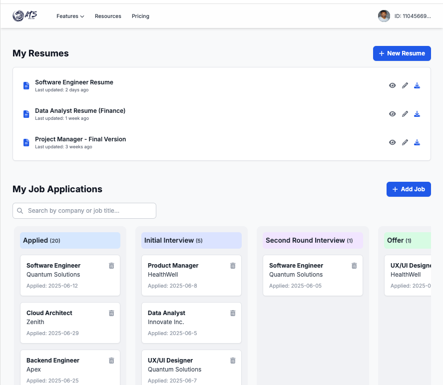 Resume Dashboard Interface